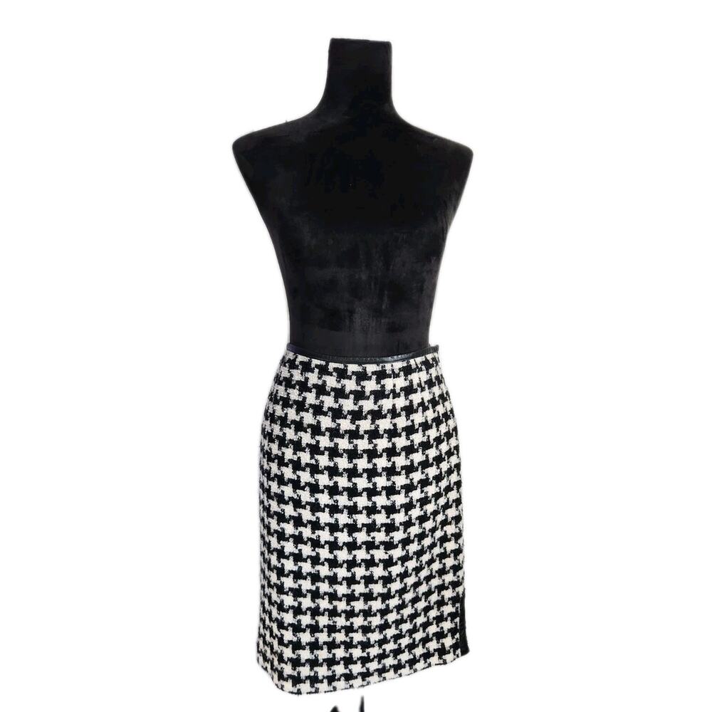 Telluride Clothing Co Houndstooth Women's Pencil Wool Skirt W/ Leather Trim Sz 8